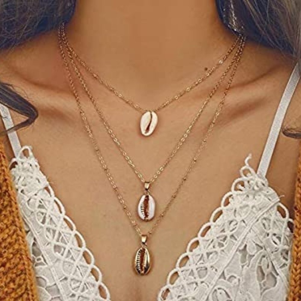 BOHO 3 Layer Cowrie Shell Drop Necklace NWT